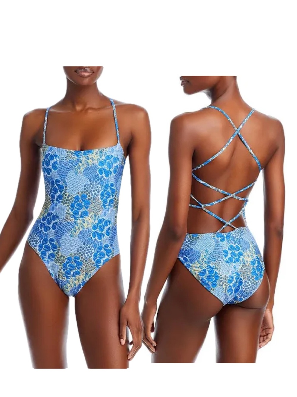 Peixoto Printed One Piece Swimsuit Straps Crisscross lace up Back small square